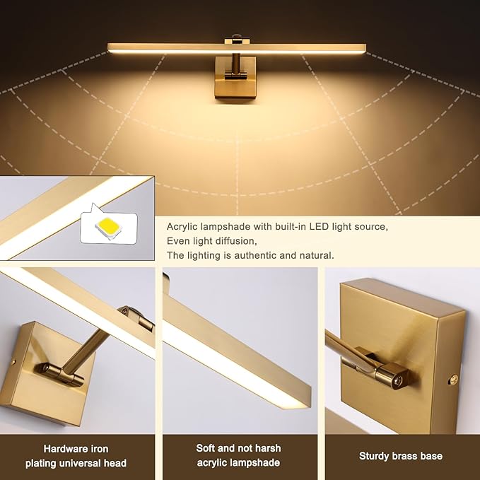 Hard-Wired Picture Lights 23.62 Inch Dimmable LED Wall Art Lighting 14W,2700K, Warm WhiteModern Brass Gallery Light Poster Lights Adjustable Swing Arm Picture Frame Light for Display Art Work