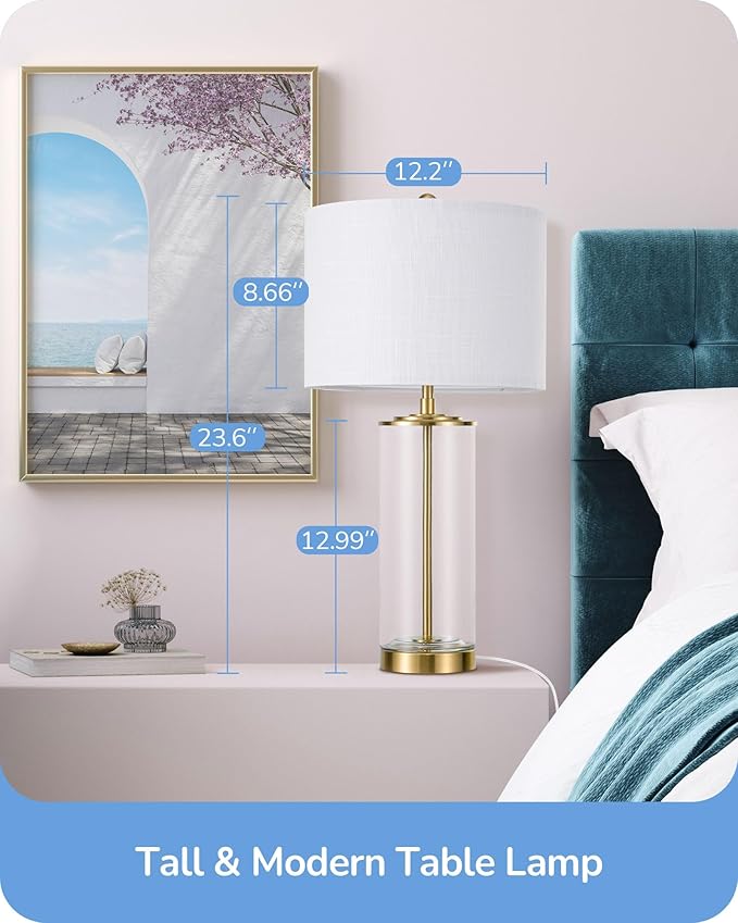 EDISHINE 23.6IN Glass Table Lamp DIY Fillable Base, White Linen Lampshade Table Lamp Set of 2, Tall Bedside Lamp for Living Room Bedrooms Bedside, Rotary Switch, UL Listed