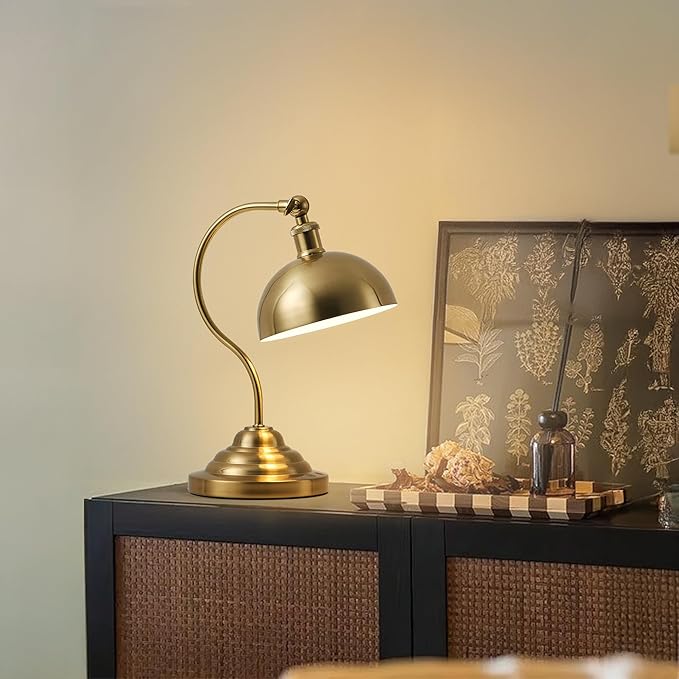 Cordless LED Table Lamp, 180° Swing Arm Desk Lamp, Rechargeable, Dimmable/3 Color/Memory Function, Vintage Rechargeable Table Light for Living Room,Bedroom,Bedside, Brass