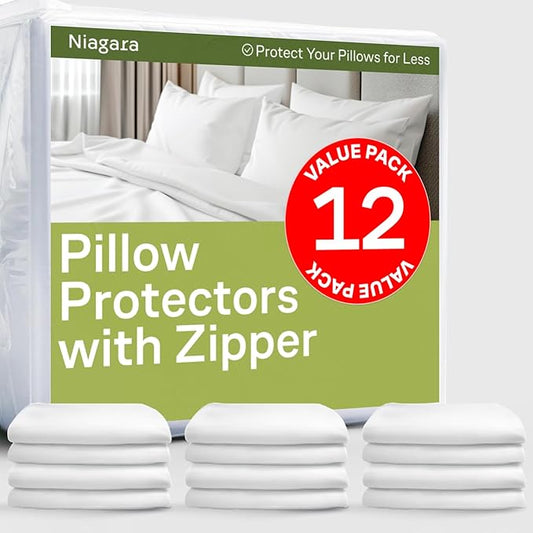 Ultra Soft Pillow Protectors with Zipper Queen Size - Set of 12 Breathable Pillow Covers - 100% Protection Against Stains, Dust & Dirt - Machine Washable (White)