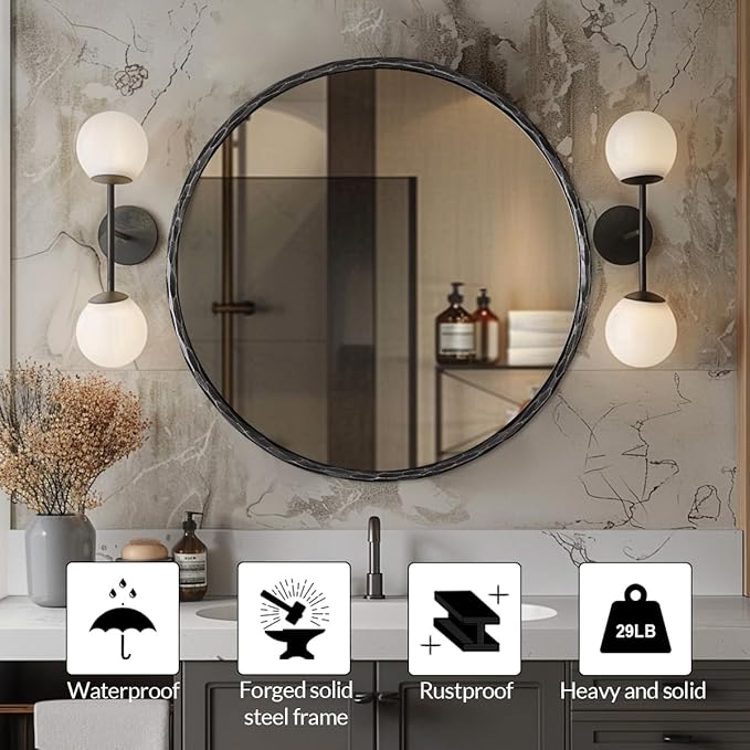 ANDY STAR Hand-Forged Black Round Mirror for Wall, 30 Inch Stainless Steel Metal Frame Circle Mirror, Antique Rounded Bathroom Mirror for Living Room, Bedroom, Entryway, Vanity