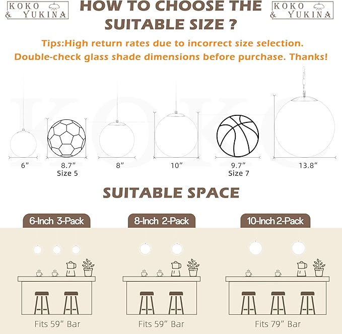 KoKo&Yukina 6 Inch Globe Pendant Light Nickel Globe Pendant Lights Kitchen Island Mid Century Light Fixture with Milky White Glass Shade for Dining Room (2 Pack)