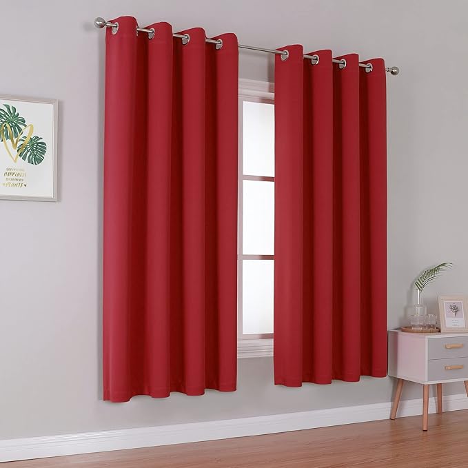 DUALIFE Red Curtains 54 Inches Long Blackout Kitchen Curtains Room Darkening Thermal Insulated Grommet Window Drapes Curtain Panels for Living Room 52x54 Inch Length 2 Panels