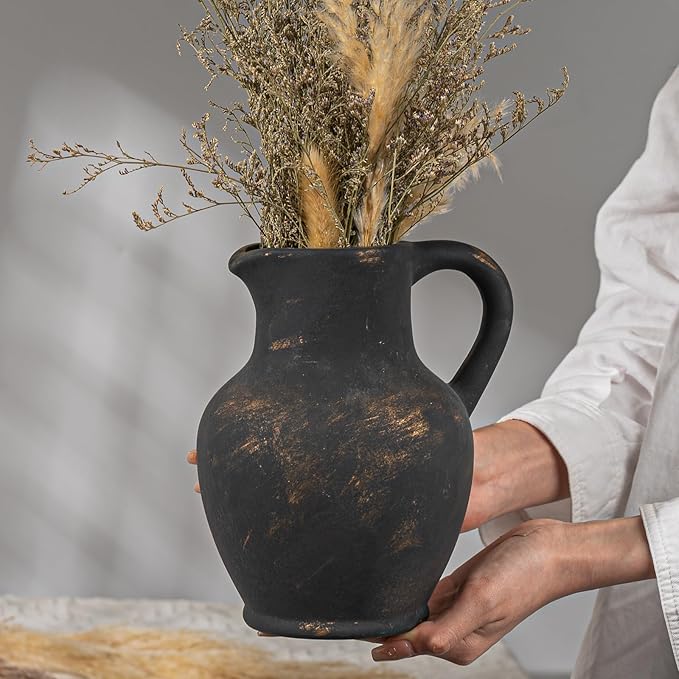Ceramic Rustic Farmhouse Vase with Handle, Terracotta Vase, Minimalist Decorative Vases for Home Decor, Table, Living Room, Shelf, Christmas Decoration(Bronze)