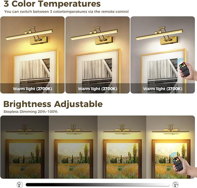 Joossnwell Picture Lights for Wall Battery Operated Art Light for Painting Wireless with Remote Rechargeable Brass Gallery Lighting 15.43 Inch for Portrait Library Artwork
