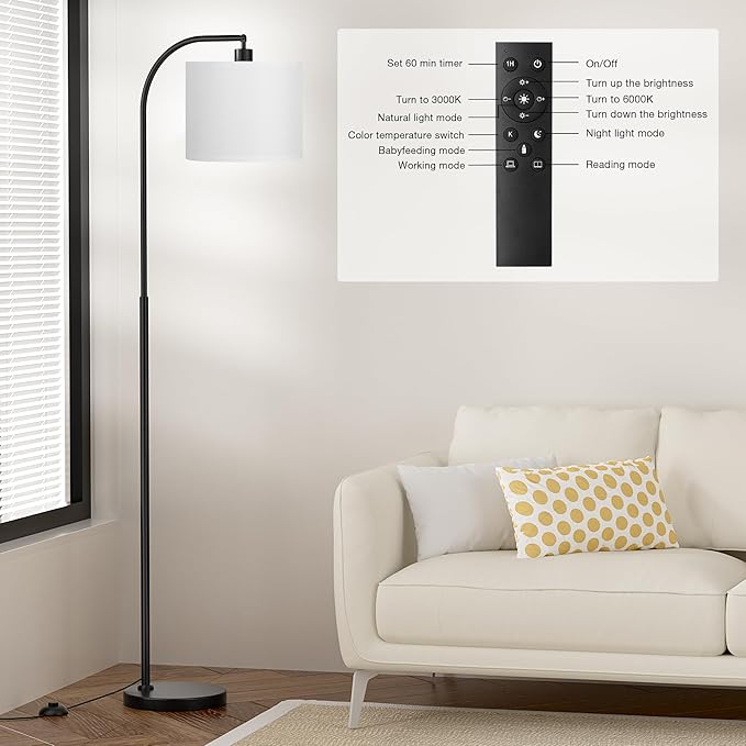 Arc Floor Lamp with Remote and Stepless Dimmable Bulb, Colors Temperature & Brightness Adjustable, Floor Lamps for Living Room（White Shade & Black Pole）