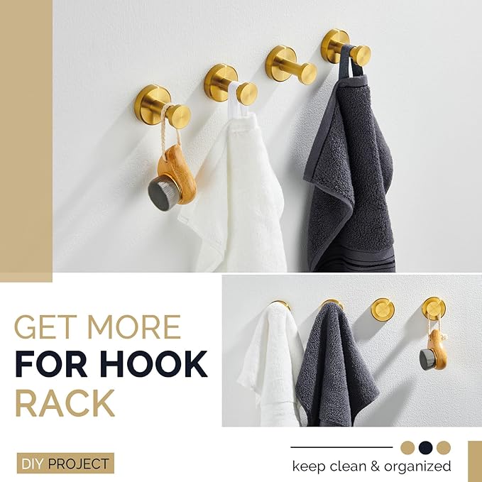 Angle Simple Towel Hooks, SUS 304 Stainless Steel Coat Robe Wall Hooks, Bathroom Hand Towel Hanger, Brushed Gold, 2 Pack