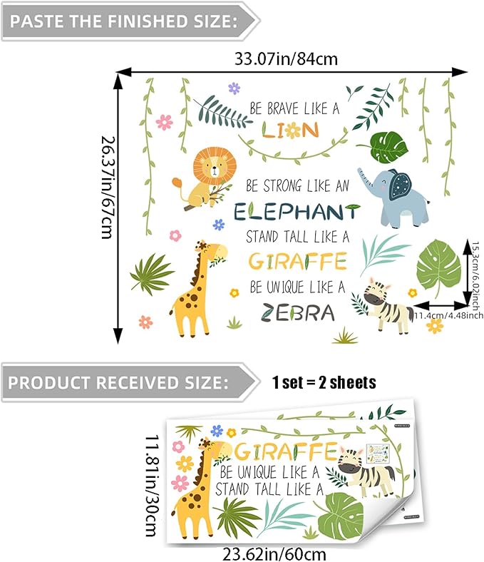Cute Jungle Theme Wall Stickers Removable Animal Forest Wall Decals Elephant Monkey Lion Giraffe Zebra Peel and Stick Tropical Wall Art Decor for Nursery Bedroom Classroom (Green)