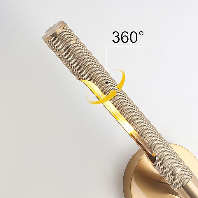Brass Wall Lights for Pictures,23.6in Hardwired Gold Knurled Brushed Wall Picture Light,Rotatable 360° Modern Gallery Light for Bedroom Bathroom Vanity Mirror Study Room, E12 Bulbs Included