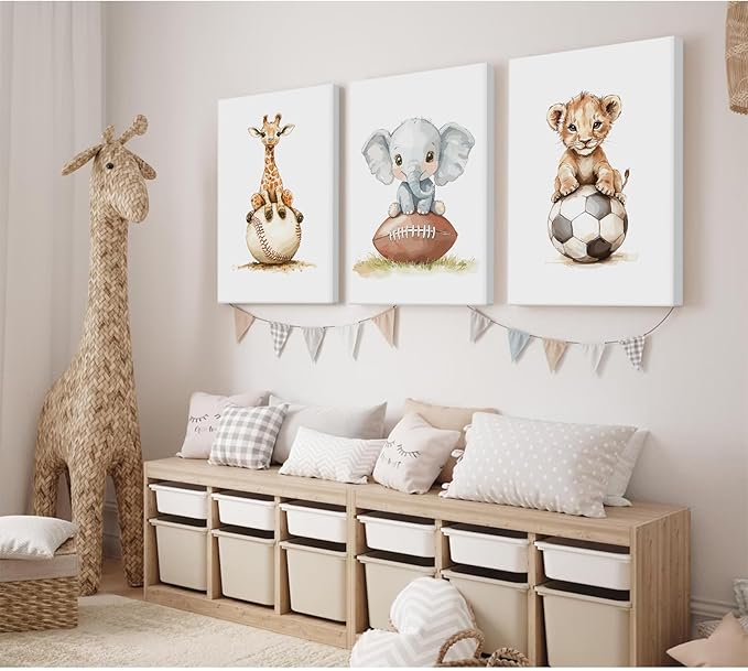 Sports Nursery Wall Art Baby Boys Room Canvas Pictures Safari Animal Wall Decor Jungle Nursery Prints Kids Poster Cute Painting Football Soccer Baseball Artwork for Bedroom 16x24x3 Inch Ready to Hang