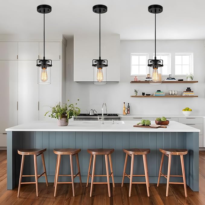 Industrial Pendant Lighting for Kithen Island, 1 Light Mini Hanging Pandent Light Fixture with Clear Glass Shade Adjustable Farmhouse Ceiling Light for Kitchen Island Dining Room Living Room