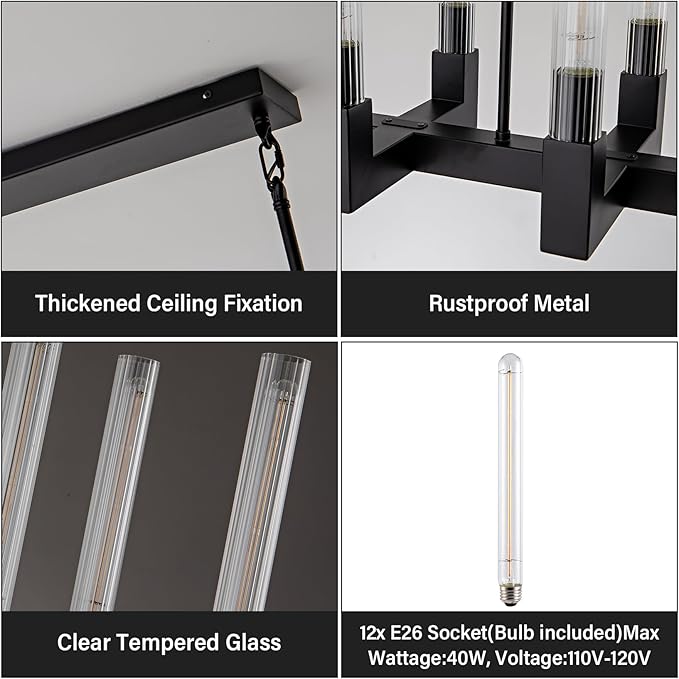 Black 12-Lights Modern Chandelier with Glass Tube, 54in Chandeliers Rectangular Luxurious Large Chandelier Fixture Ceiling Pendant Lighting for Dining Living Room, Foyer