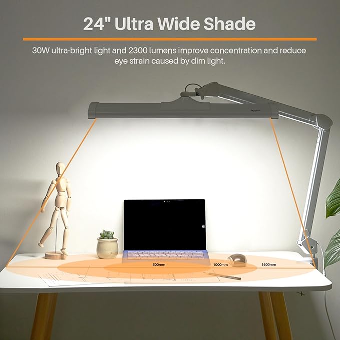 LED Architect Desk Lamp, 2300 Lumens, Dimmable, Metal Swing Arm, 5 Color Temperatures, 30W, Ideal for Task Work, Drafting, Reading, Clamp-on Office Table Lamp with 360 Bright LEDs (White, CCT)