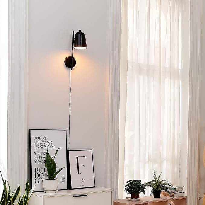 GLOBE Electric 65000049 1-Light Plug-in or Hardwire Wall Sconce, Matte Black, Pivoting Shade, Black Braided Fabric Designer Cord, Hanging Lamp, Wall Lights for Living Room, Bedroom, Den