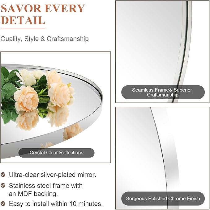 ANDY STAR Chrome Bathroom Mirror, Oval Bathroom Mirror 22 x 30 Inch, Polished Chrome Oval Wall Mirror for Bathroom, Oblong Pill Shaped Mirror Stainless Steel Frame Wall Mount Horizontal or Vertical