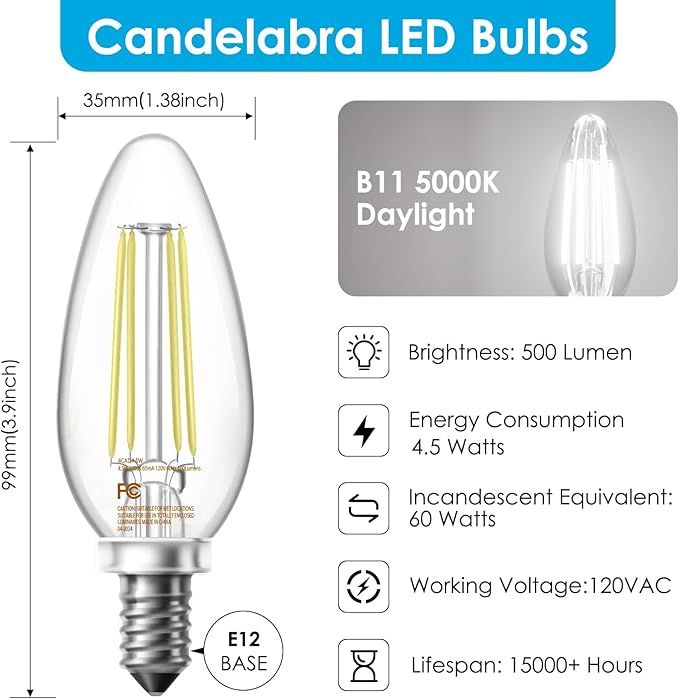 VOLIVO Dimmable E12 LED Candelabra Bulbs 60Watt Equivalent, 5000K Warm White, 500Lumens, 4.5W B11 Vintage Chandelier Light Bulbs, LED Filament Clear Glass Candle Lamp for Ceiling Fan Home, 24Pack
