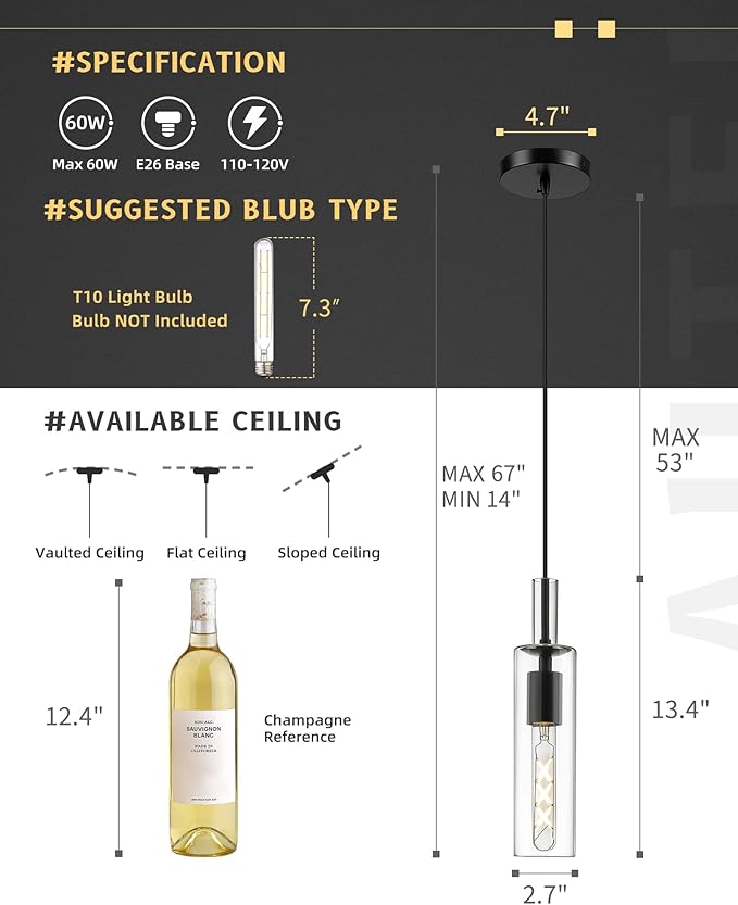 AUTELO 3-Pack Pendant Lights, Black Pendant Lights Kitchen Island, Modern Pendant Light Fixtures with Clear Cylinder Glass, Kitchen Pendant Lighting Over Island, H3875 BK-3PK