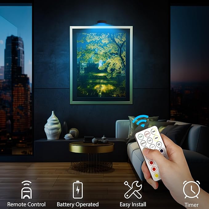 3Pcs Picture Lights for Wall, 13 RGB Color Magnetic Led Art Display Light for Picture Frame, Wireless Battery Operated Painting Light with Remote Control, Party Home Wall Decor Puck Lights, Black-RGB