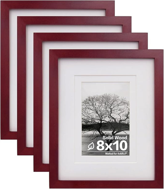 Egofine 8x10 Picture Frames 4 Pack - Wood Frames Covered by Plexiglass for Pictures 4x6 or 5x7 with Mat or 8x10 Without Mat, Photo Frames for Table Top and Wall Display, Cherry Red