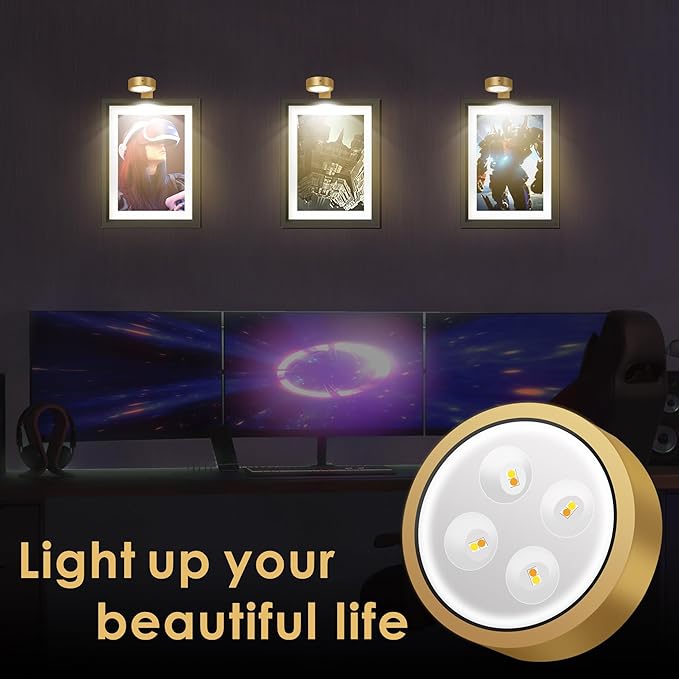 3-Pack Picture Light Battery Operated, Magnetic Led Lights with Remote, Dimmable and Timer Painting Light, Art Display Light for Picture Frame Artworking Portrait, Home Wall Decor Puck Lights, Gold
