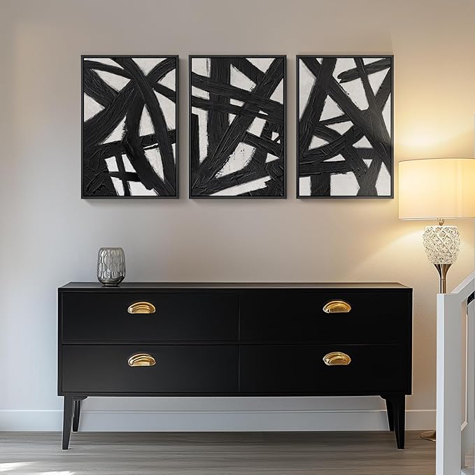 Framed Black and White Abstract Wall Art for Living Room, 3 Piece Modern Canvas Prints Artwork for Walls, Minimalist Black Lines Paintings for Hallway, Bedroom, Office Wall Decor, 16x24 Inch