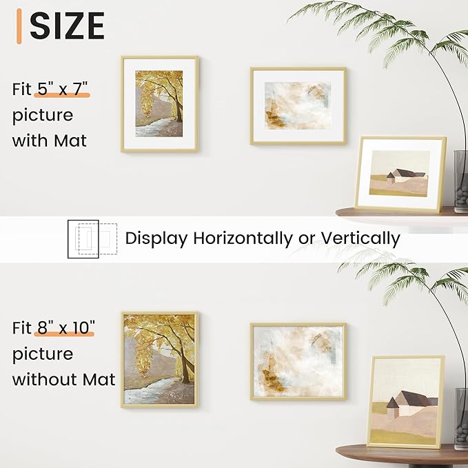 8x10 inch Metal Picture Frame - 8 x 10 Thin Aluminum Photo Frames with 5x7 Removable Mat - High Definition Plexiglass - Ideal for Wall or Tabletop Display - Wall Hook Hanging Hardware Included - Gold, Set of 4