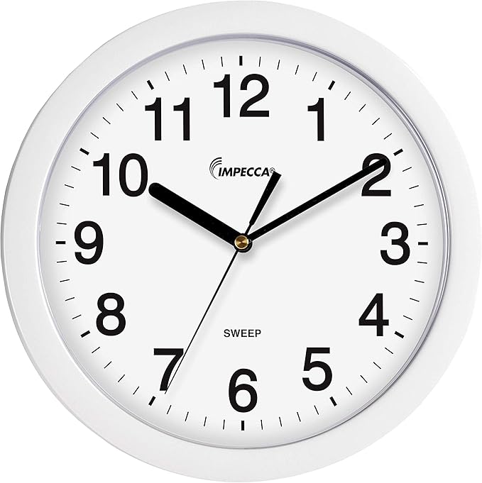 Impecca 10-inch Silent Wall Clock Non Ticking Excellent Accurate Sweep Movement Plastic Frame, Decorative for Kitchen, Living Room, Bedroom, Bathroom, Bedroom, Office, White
