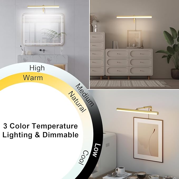 Gold LED Picture Light Plug in, 15.75 Inches Art Light with Remote, 3 Color Lighting, Artwork Light with in-Line On/Off Switch, Metal