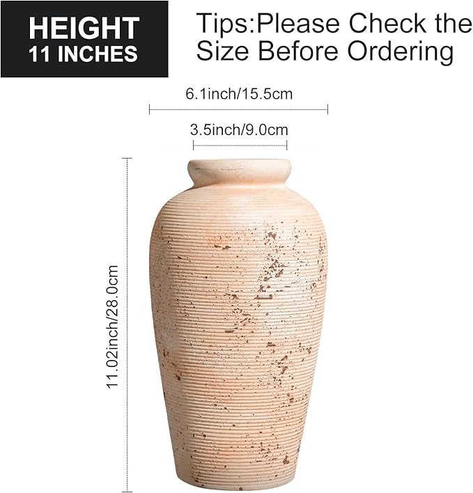 Ceramic Flower Vase, 11 inch Rustic Farmhouse Vase, Pottery Decorative Vases for Home Decor, Living Room, Shelf, Mantle, Entryway, Table Decor, White