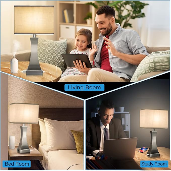 Table Lamp for Bedroom 3-Way Dimmable Touch Control Bedside Lamp with USB A+C Port & Outlet 21.6" Tall Nightstand Lamp for Living Room Bedroom Office and Hotel Bulb Included
