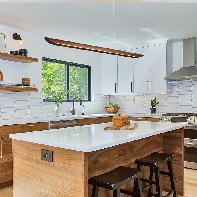 39" Wood Linear Pendant Light Modern Dimmable Kitchen Island Lighting with Remote 24W LED Island Lights Adjustable Linear Chandelier for Dinning Room Light Fixture, Bar, Pool Table Light Walnut Color