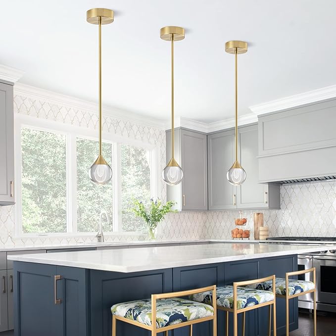 1-Light Teardrop Crystal Pendant Light, Dimmable Mini LED Crystal Hanging Light Fixtures, Gold Brushed Brass Finish Modern Ceiling Pendant Lighting for Kitchen Island Dining Room Bedroom Bar