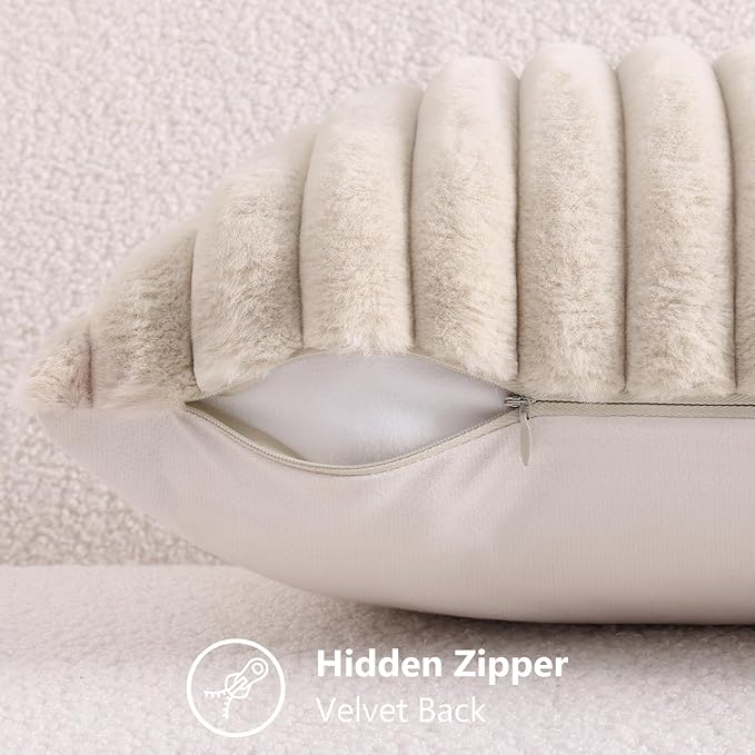 decorUhome Faux Fur Throw Pillow Covers 24x24 Set of 2, Decorative Soft Plush Striped Neutral Couch Euro Pillow Covers with Velvet Back for Sofa, Bed, Living Room Home Decor, Beige