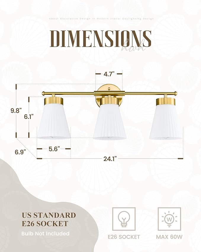 Bathroom Light Fixture, HWH 3-Light Brushed Gold Vanity Lights for Bathroom Modern Vanity Sconce Lighting Over Mirror, Wall Lamp with Frosted White Striped Glass, 5HZG97B-3W BG