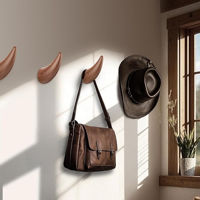 World’s Only - Unique Wall Hooks, 4 Pack Coat Hooks, Horn Shape Design, Decorative Bag Hooks, Cowboy Hat Rack for Wall – Natural, Space-Saving, Baseball Cap Organizer