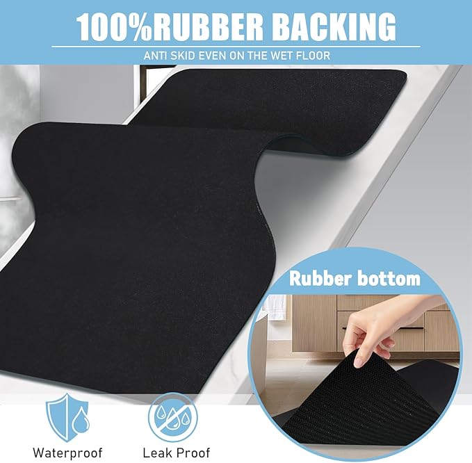 Extra Long Bathroom Rugs Diatomaceous Earth Bath mat Super Absorbent Quick Dry Non Slip Bath Mat Thin Runner Rug Fit Under Door-Shower Rug for in Front of Bathtub Shower, Black, 23.6"x66.9"