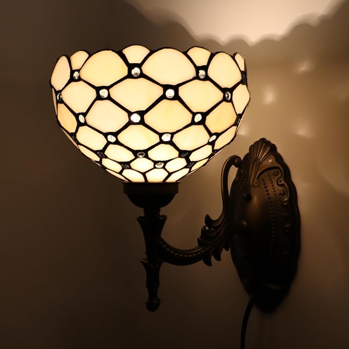 Tiffany Sconce Lamp Stained Glass Wall Lamp,8X10.5X11 Inch Plug in Wall Bedside Light for Hallway Bedroom (Cream Bead)