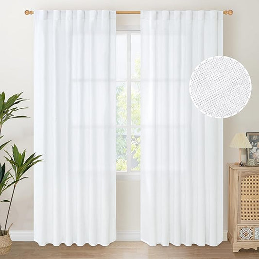 YoungsTex White Linen Curtains 80 Inch Length for Living Room, Light Filtering Semi Sheer Window Drapes Rod Pocket Back Tab Curtain for Bedroom Office Rustic Privacy, 2 Panels, 52 X 80 Inch