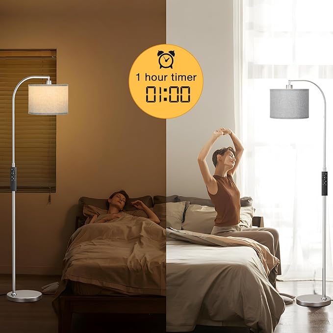 Arc Floor Lamp with Remote and Stepless Dimmable Bulb, Colors Temperature & Brightness Adjustable, Floor Lamps for Living Room（Grey Shade & Silver Pole）