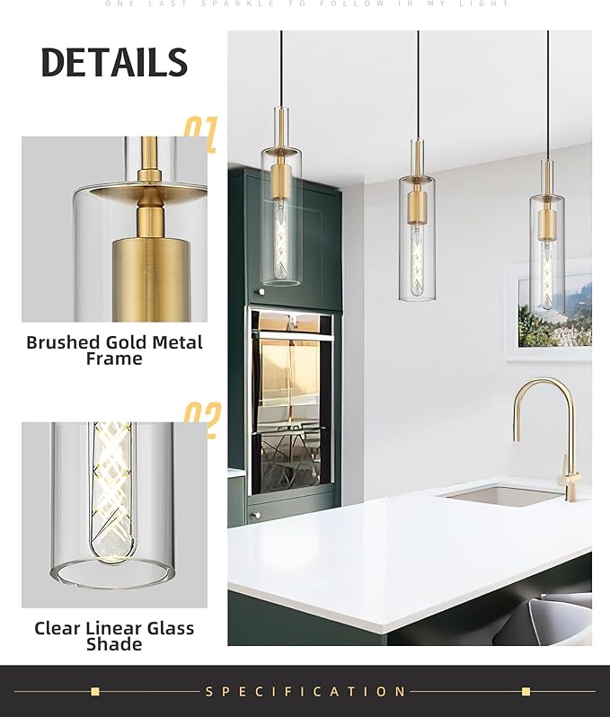 AUTELO 2 Pack Pendant Light Fixtures, Brushed Gold Pendant Lights Kitchen Island, Vintage Cylinder Glass Pendant Lights, Hanging Light for Kitchen Island, Dining Room, H3875 BGNR-2PK