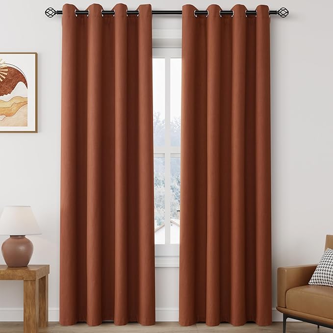Grommet Terracotta Blackout Linen Curtains 84 inches Long for Bedroom Full Light Blocking Thermal Insulated Black Out Curtain Panels 84 Inch Length Energy Saving Room Darkening Curtain White Backing