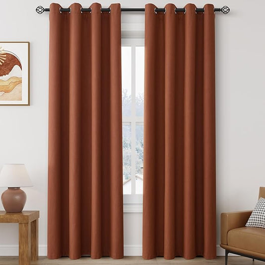 Grommet Terracotta Blackout Linen Curtains 84 inches Long for Bedroom Full Light Blocking Thermal Insulated Black Out Curtain Panels 84 Inch Length Energy Saving Room Darkening Curtain White Backing