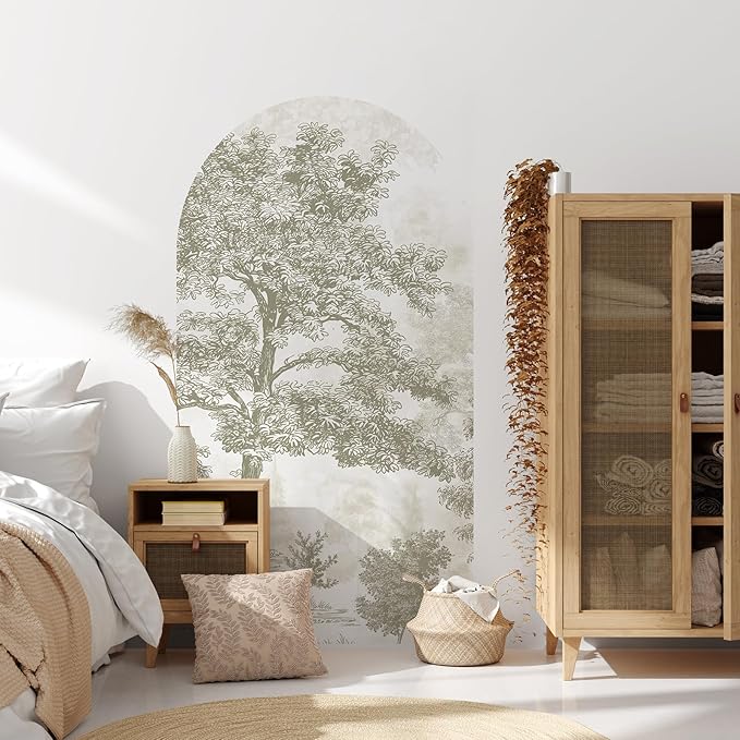Zeeko Vintage Forest Arch Wall Mural Peel and Stick 31" W x 59" H Beige Tree Wallpaper Self-Adhesive Archway Wall Decals for Bedroom