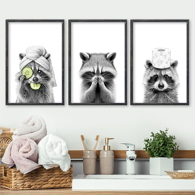 Adorable Raccoon Bathroom Wall Art Decor Set of 3 16x11 Inch Modern Funny Bathroom Sign Wood Framed Rustic Farmhouse Interestring Washroom Animal Prints Wall Hanging (Black)