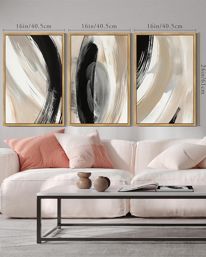 KUVIOKE Modern Abstract Framed Wall Art Black Neutral Minimalist Ink and Wash Graffiti Pastel Wall Decor for Bedroom Living Room 16x24in (Natural Framed)