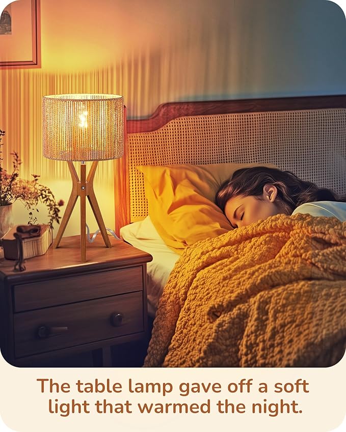 EDISHINE 17.5" Rattan Table Lamp, Wood Bedside Lamp with Handmade Paper Rope Woven Lampshade, Nightstand Lamp for Living Room, Bedroom, E26 Base, ON-Off Switch