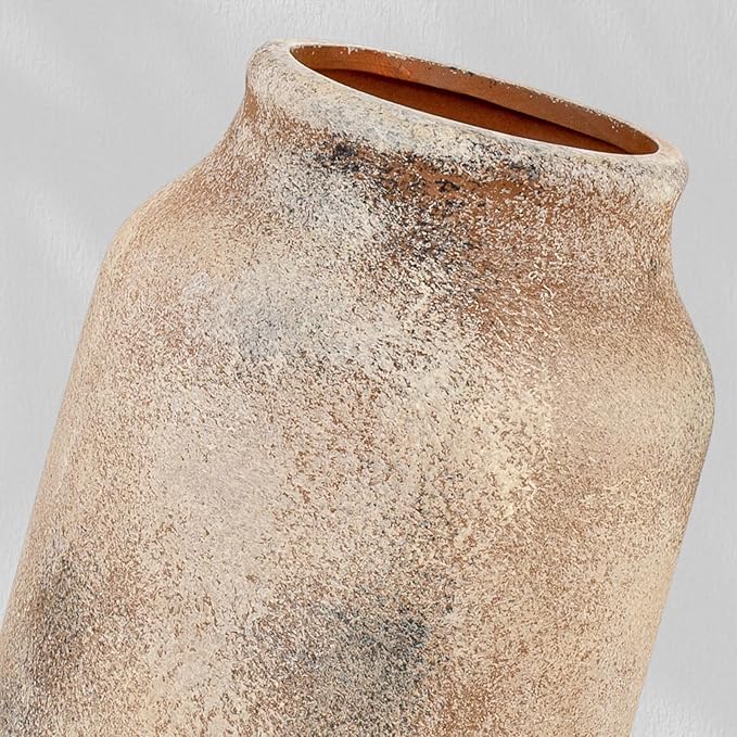 Rustic Ceramic Farmhouse Flower Large Vase, Whitewashed Terra Cotta Vase, Pottery Decorative Flower for Home Decor, Table, Living Room Decoration, Shelf Decor, Mantel, 9.5 Inch, Terra