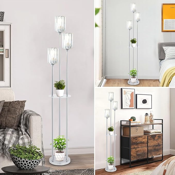 HMVPL Crystal Floor Lamps for Living Room, Modern Floor Lamp with Shelves, 3-Lights Standing Lamp with Crystal Shade, On/Off Foot Switch, Silver Corner Floor Lamp for Bedroom Living Room Office(66")