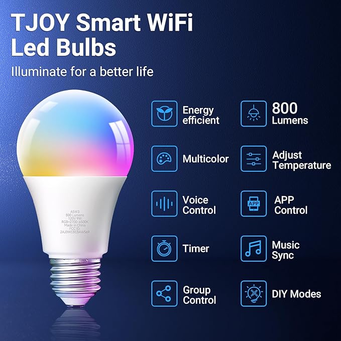 TJOY Smart Alexa Light Bulbs, Bluetooth WiFi Led Bulb Compatible with Alexa &Google Assistant, RGB Color Changing Bulbs, Music Sync, 9W(60W Equivalent), A19 E26 800LM(2.4Ghz WiFi only), 6 Pack