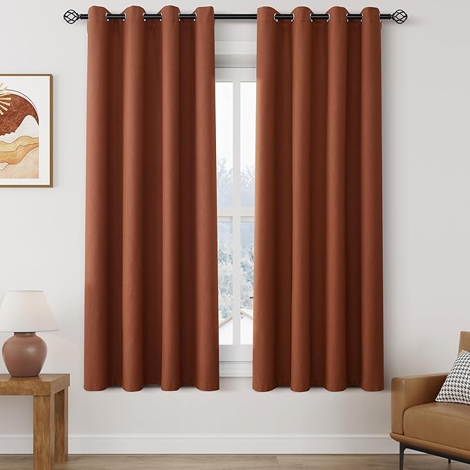100% Blackout Linen Curtains for Bedroom Thermal Insulated Grommet Complete Blackout Drapes 63 Inch Length 2 Panels Set Heat and Full Light Blocking Living Room Darkening Curtains Terracotta